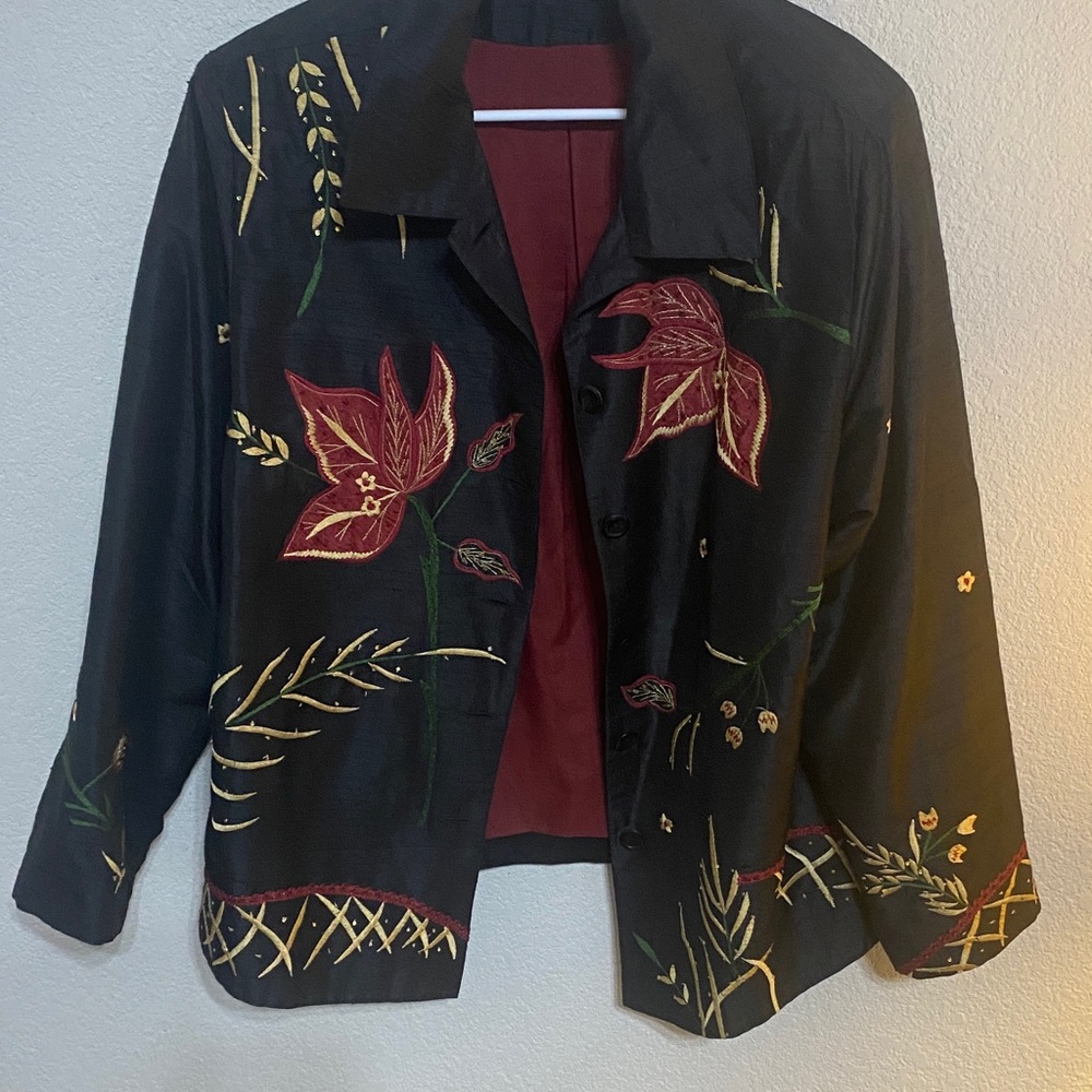 Vintage Silk Embroidered Floral Black Jacket with Burgundy Lining